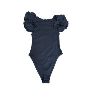 Zara Black Ribbed Ruffle Sleeve Bodysuit Size Medium